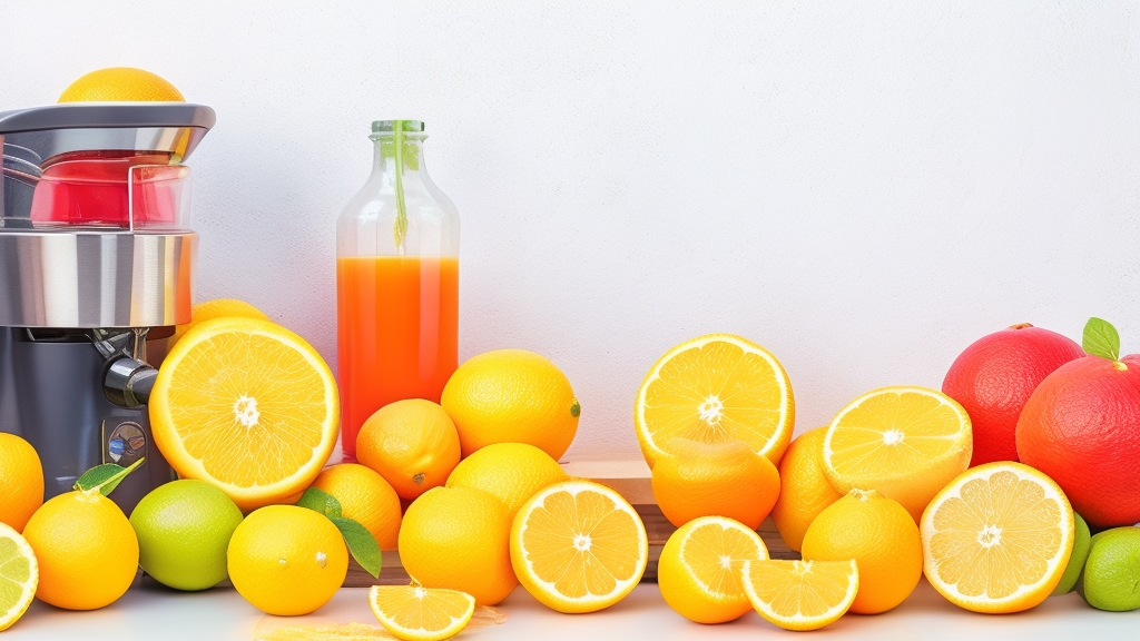 Friss citrusos gyümölcsök préselése - narancs, citrom, grapefruit, lime speciális citrusprés körül elrendezve természetes világításban